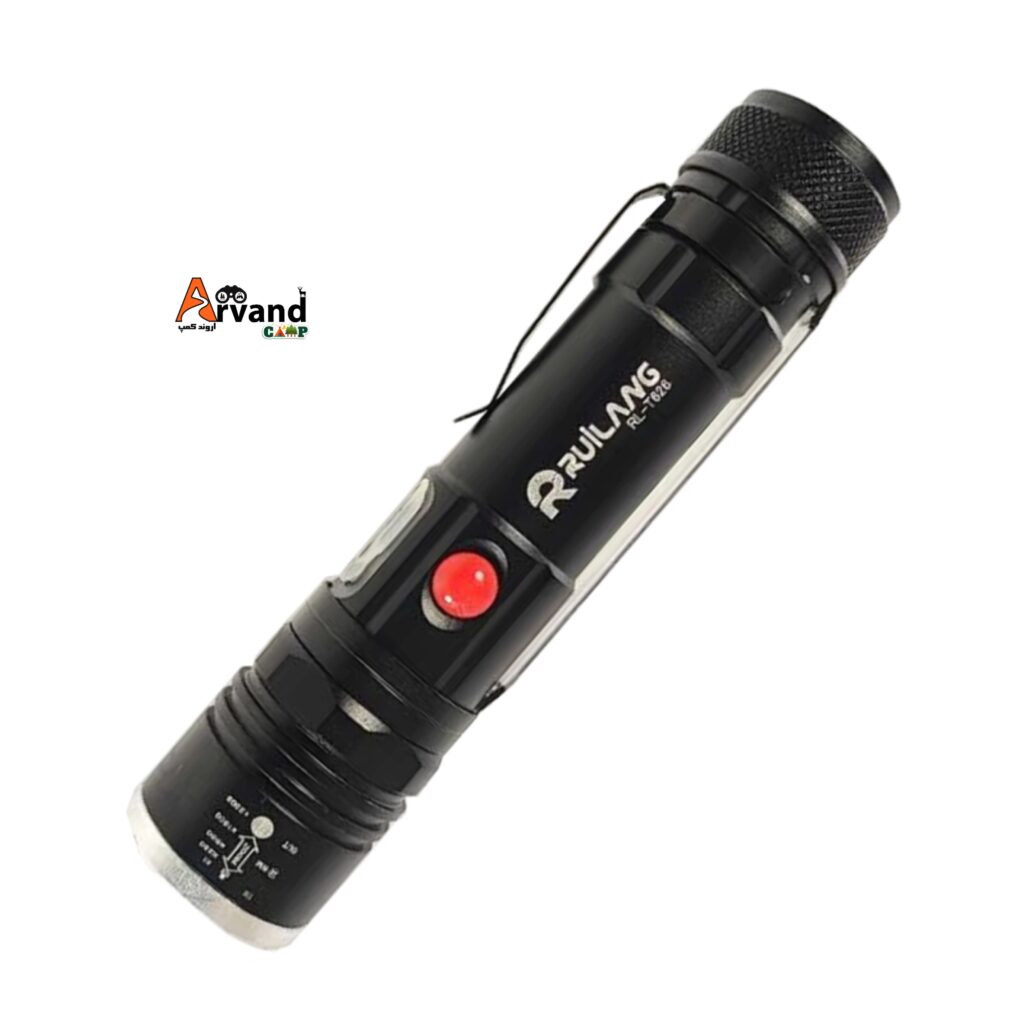 alt="چراغ قوه شارژی و باطری خور روی لانگ مدل RL-T626 با بدنه آلومینیومی و قابلیت زوم"