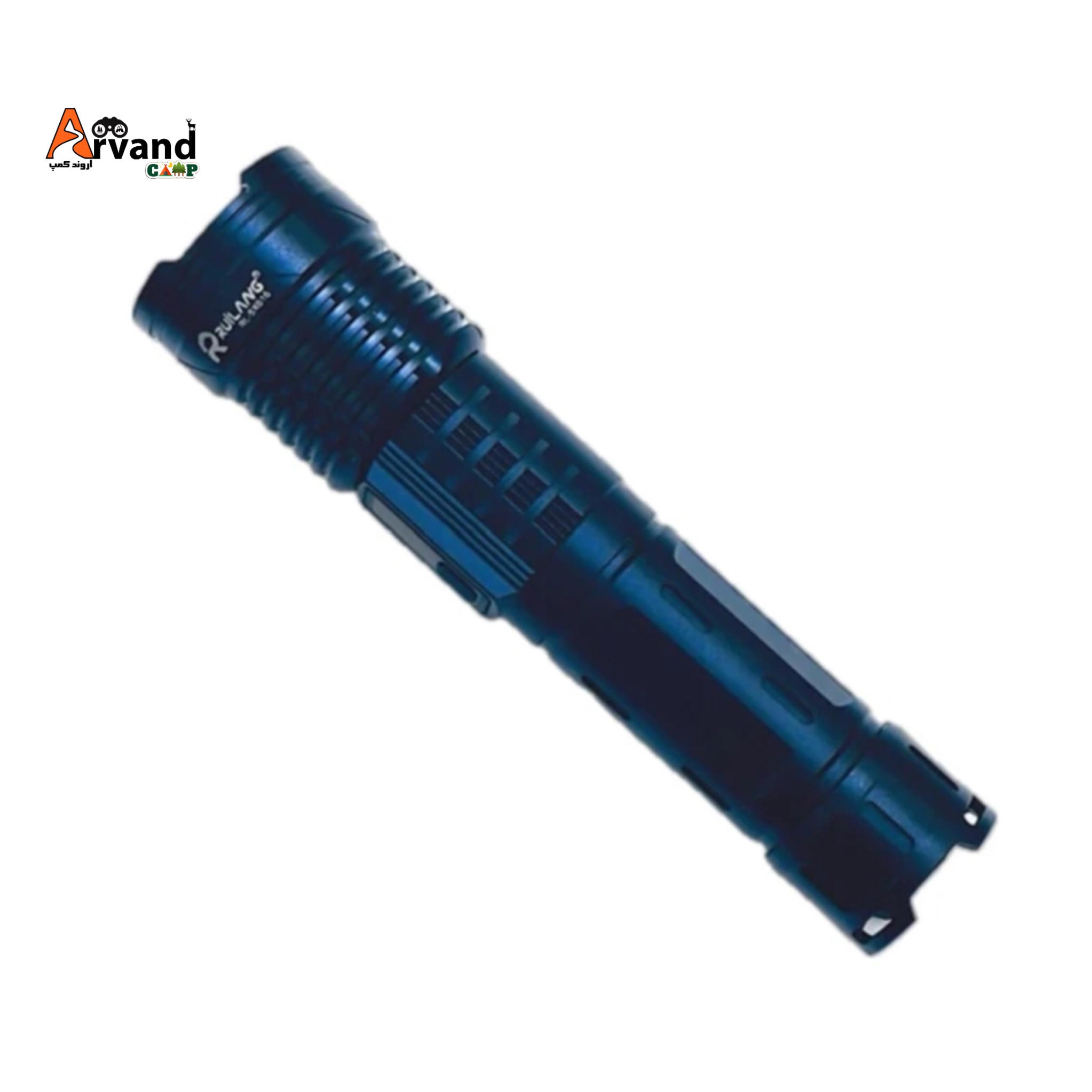 alt="چراغ قوه دستی روی لانگ مدل SX616 با نور مهتابی و بدنه فلزی و زوم مکانیکی"
